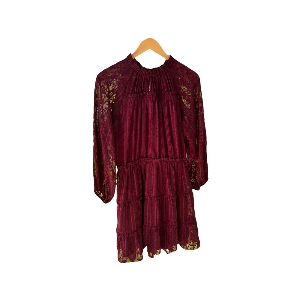 Burgundy Tiered Lace Dress Ruffle Neck Long Sleeve Boho Size Large Whimsygoth